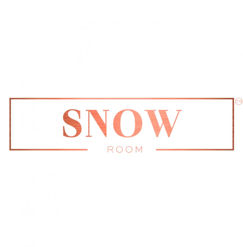 The words Snow Room in brushed copper contained in the frame of a brushed copper rectangle